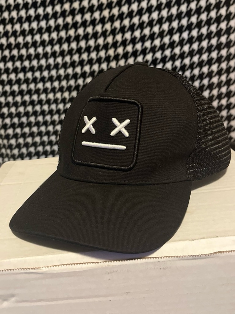 SHEIN Black Mesh Trucker Hat with White Embroidered Face